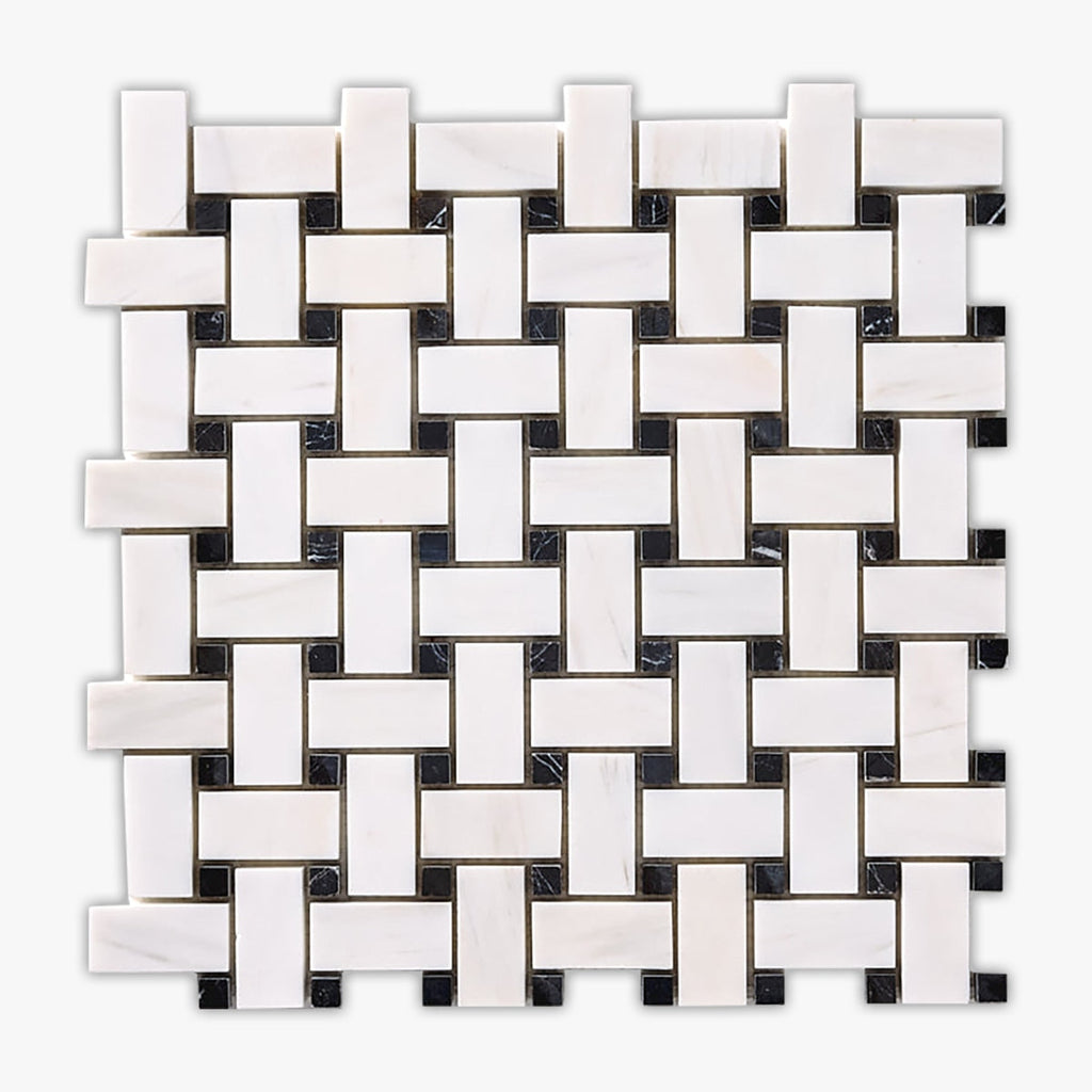 Bianco Dolomiti & Black Polished Basketweave Marble Mosaic