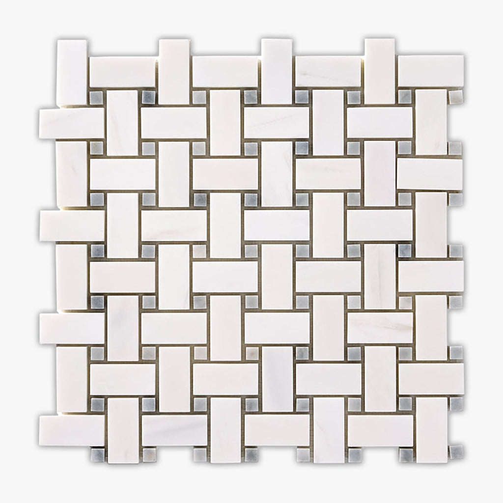 Bianco Dolomiti & Blue & Gray Polished Basketweave Marble Mosaic