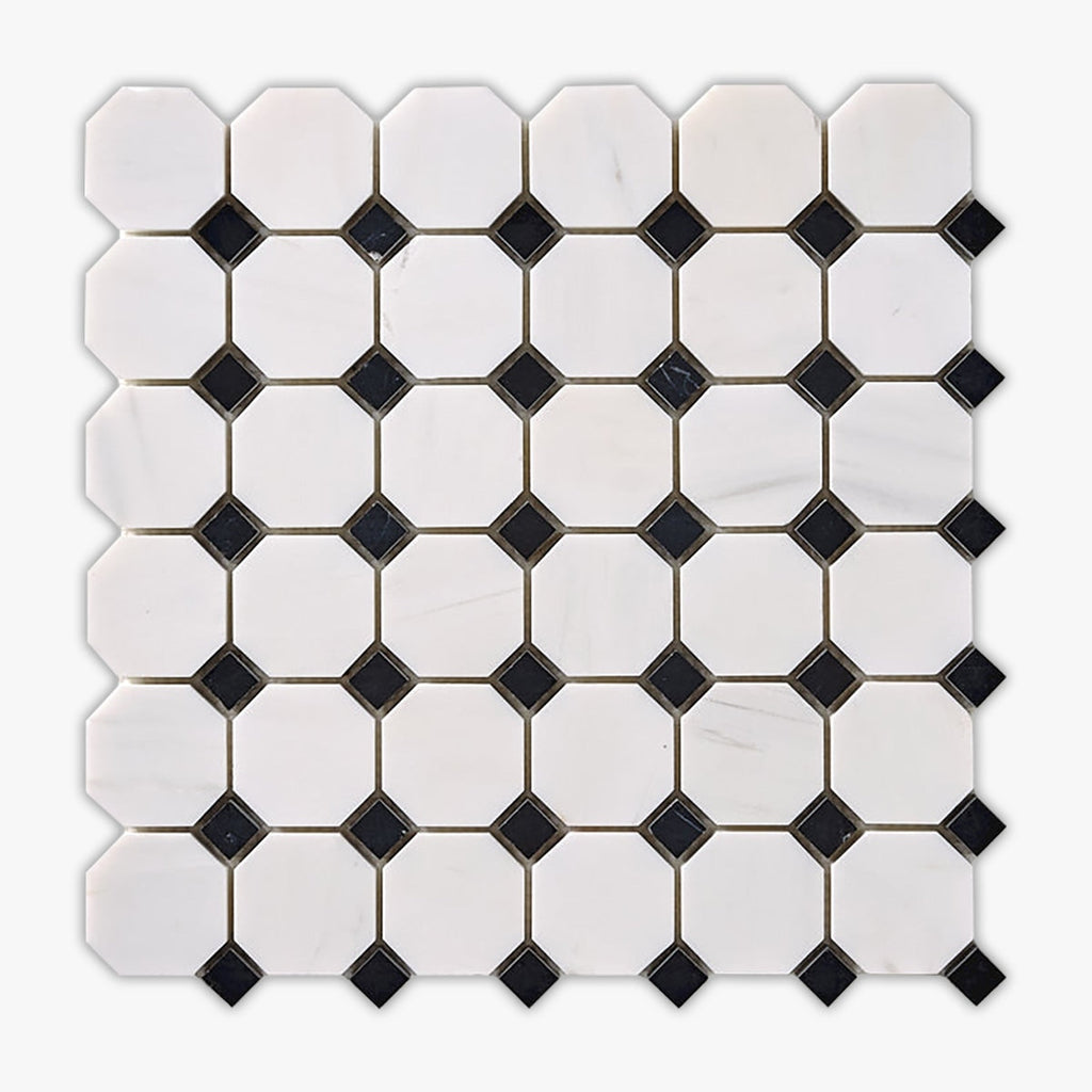 Bianco Dolomiti & Black Polished Octagon Marble Mosaic