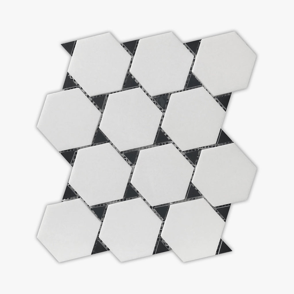 Rockart Thassos, Nero Marquina Hexagon Polished Marble Mosaic